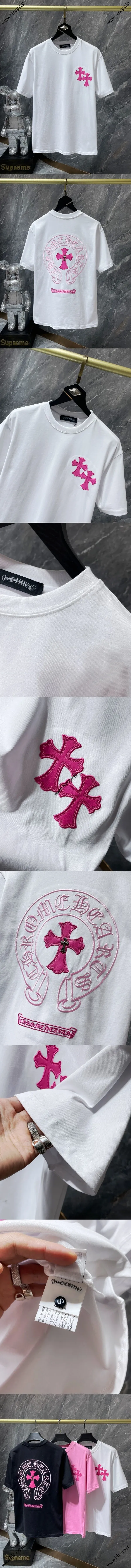 Chrome Hearts 25ss 刺繍入り カラフル クラシック クロス ホースシュー パッチワーク レザー オレンジ 半袖 ホワイト（Chrome Hearts 173）