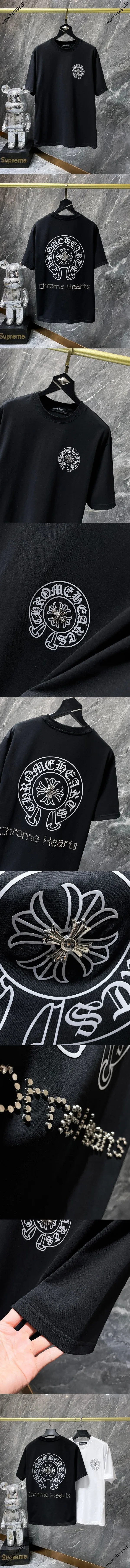 Chrome Hearts 25SS ホースシュー サンスクリットクロス エングレービングフィルム ホットダイヤモンド ハンドメイドボタン 半袖Tシャツ ブラック（Chrome Hearts 133）