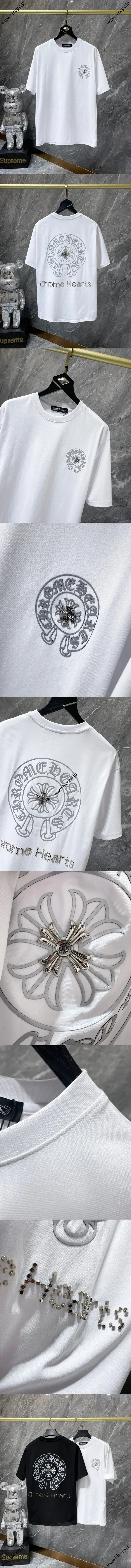 Chrome Hearts 25SS ホースシュー サンスクリットクロス エングレービングフィルム ホットダイヤモンド ハンドメイドボタン 半袖Tシャツ ホワイト（Chrome Hearts 132）