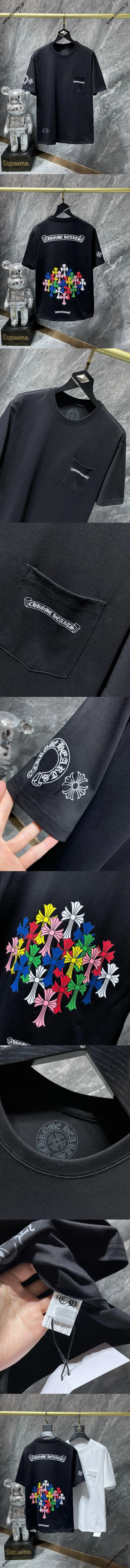 Chrome Hearts 25SS クラシックスクロールレターカラークロスグループフラワーアームショートスリーブTシャツ ブラック（Chrome Hearts 128）
