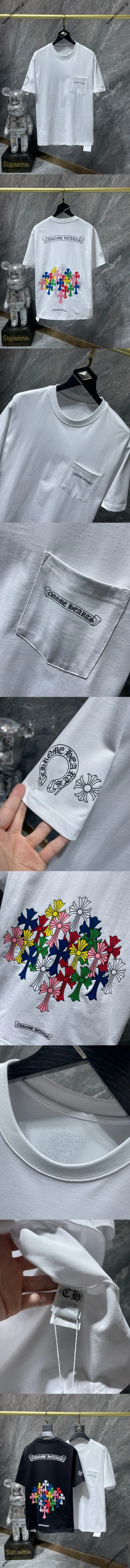 Chrome Hearts 25ss クラシックスクロールレターカラークロスフラワーアーム半袖Tシャツ ホワイト（Chrome Hearts 127）