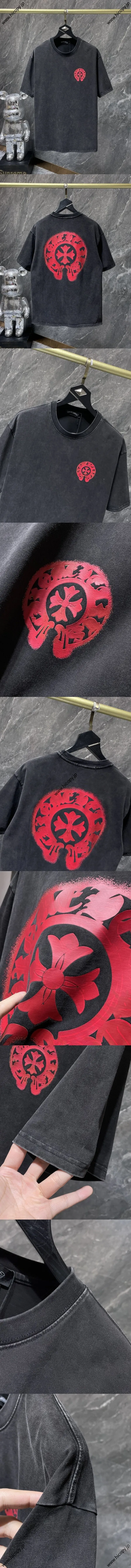 Chrome Hearts 25ss ホースシュー サンスクリット 温度変化プリント ラウンドネック ウォッシュ加工 ダメージ加工 半袖Tシャツ ブラック（Chrome Hearts 117）