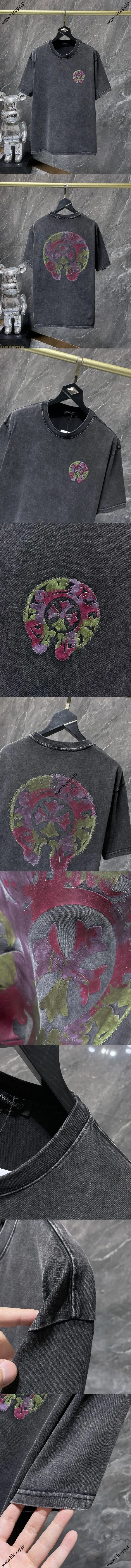 Chrome Hearts 25ss ホースシュー サンスクリット 温度変化プリント ラウンドネック ウォッシュ加工 ダメージ加工 半袖Tシャツ ブラック（Chrome Hearts 116）