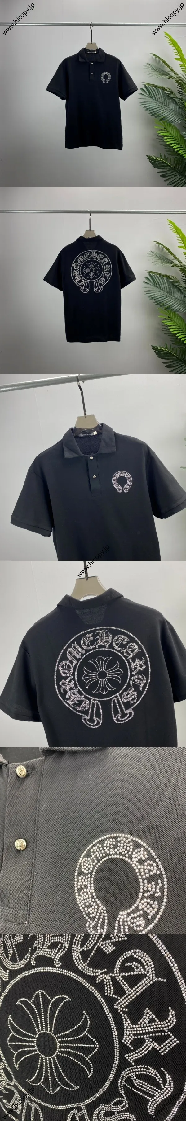 Chrome Hearts 2025年春夏新作 ホースシュー ホットダイヤモンド 半袖ポロシャツ ブラック（Chrome Hearts 14）