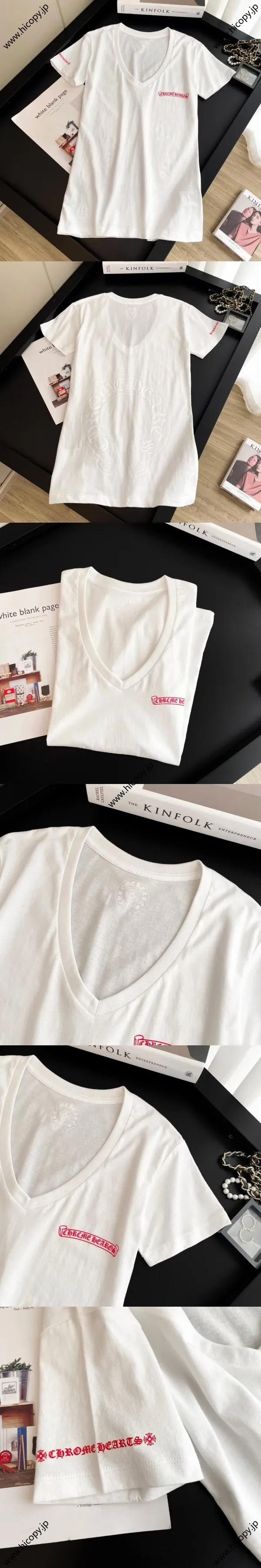 新モデル入荷しました！Chrome Heart レッドスクロール サンスクリット プリント Vネック 半袖Tシャツ ホワイト（Chrome Hearts 6）