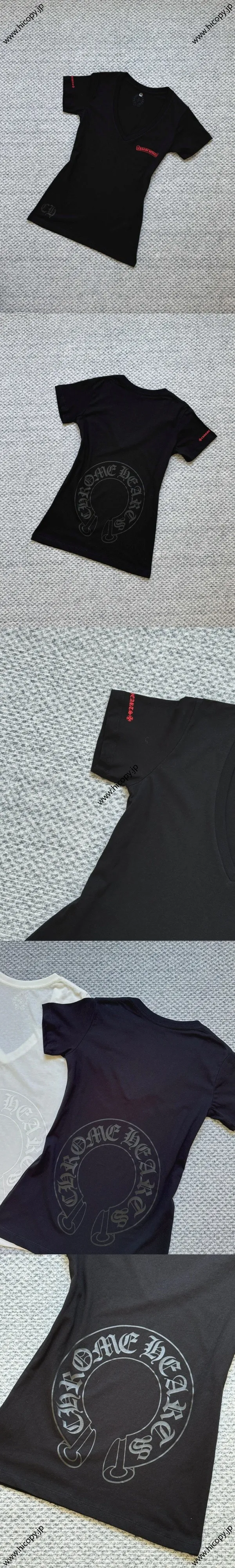 新モデル入荷しました！Chrome Heart レッドスクロール サンスクリット プリント Vネック 半袖Tシャツ ブラック（Chrome Hearts 5?）