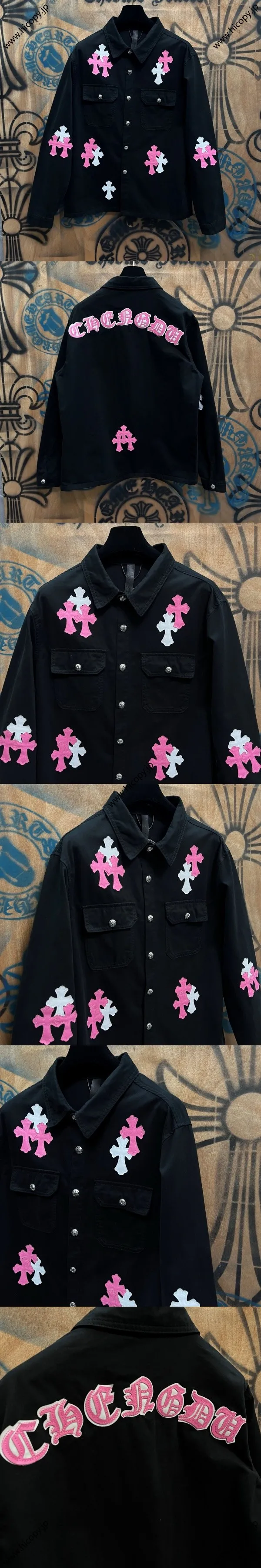 Chrome Hearts 高級レザーパッチワークデニムジャケット ブラック ユニセックス（Chrome Hearts 193）