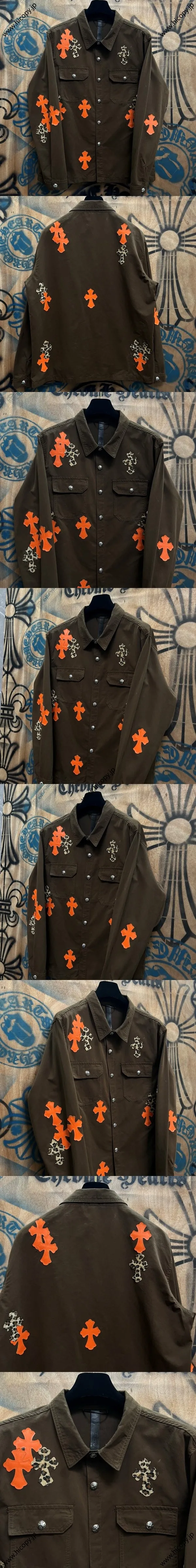 Chrome Hearts 高級レザーパッチワークデニムジャケット ブラウン ユニセックス（Chrome Hearts 189）