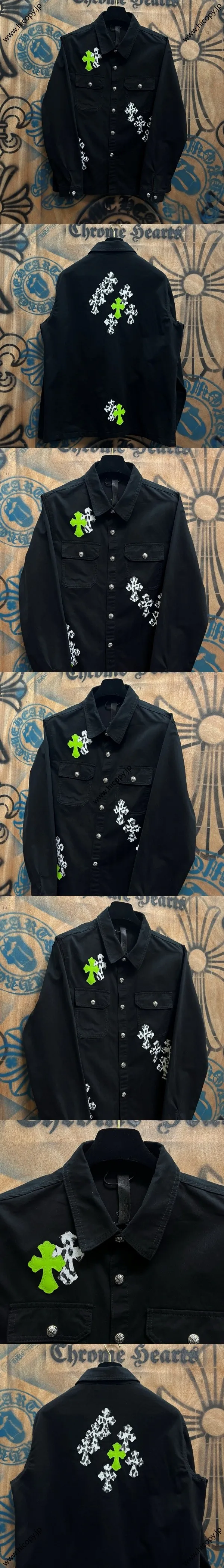 Chrome Hearts 高級レザーパッチワークデニムジャケット ブラック ユニセックス（Chrome Hearts 188）