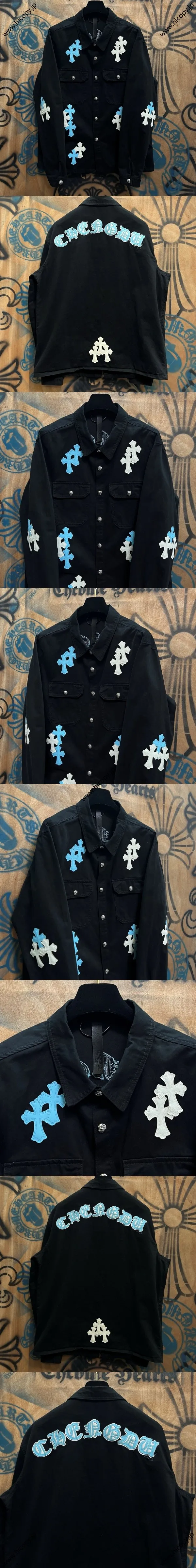 Chrome Hearts 高級レザーパッチワークデニムジャケット ブラック ユニセックス（Chrome Hearts 187）