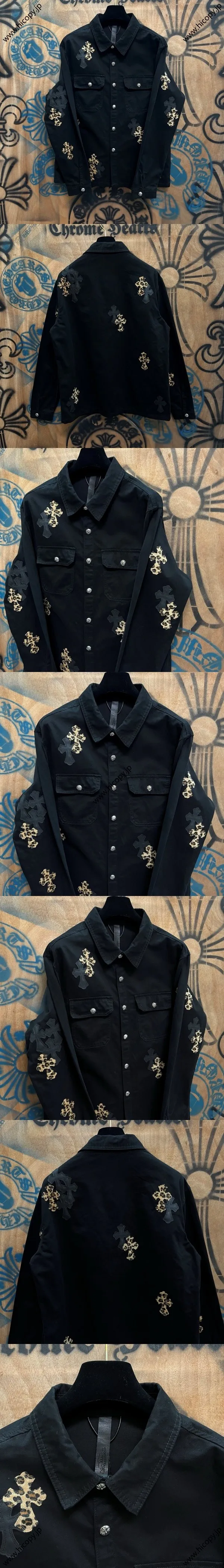 Chrome Hearts 高級レザーパッチワークデニムジャケット ブラック ユニセックス（Chrome Hearts 185）