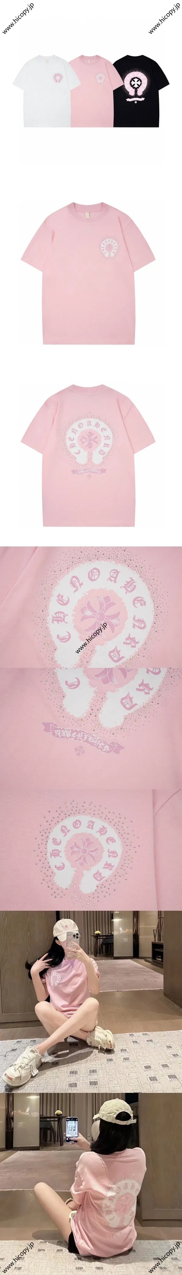 Chrome Hearts ホースシュークロスプリント カラフル ホットダイヤモンド ラウンドネック 半袖Tシャツ カップルスタイル ピンク（Chrome Hearts 241）
