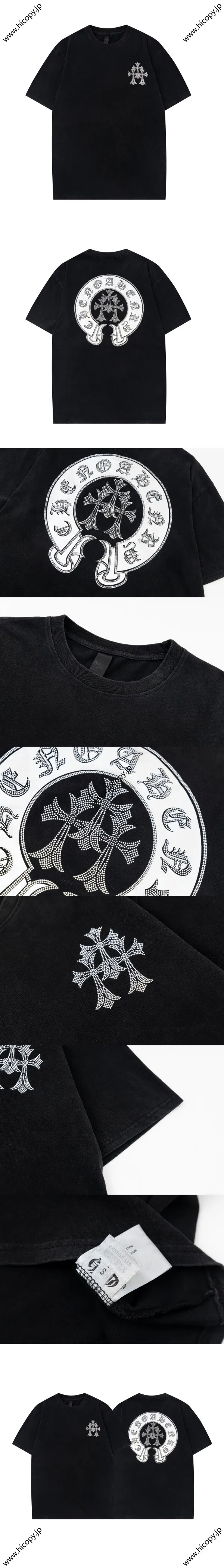 Chrome Hearts ホースシュー リフレクタークロス ホットダイヤモンド ラウンドネック 半袖 カップルスタイル ブラック（Chrome Hearts 240）