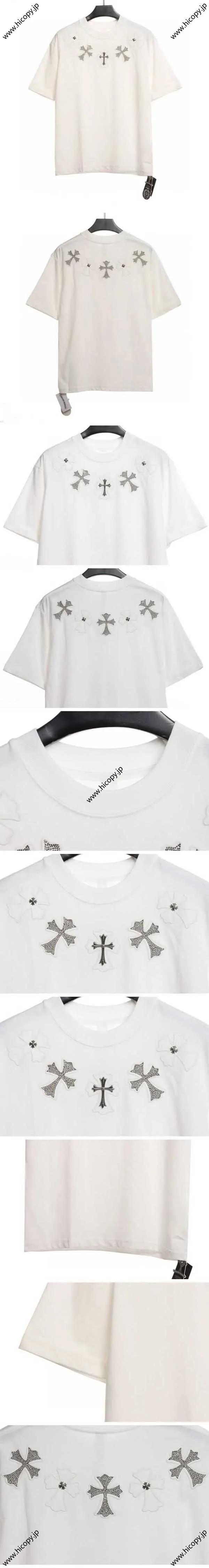 Chrome Hearts Line Stone Silver925 Cross Tee クロムハーツ ラインストーン シルバー925 クロス Tシャツ ホワイト（Chrome Hearts 426）