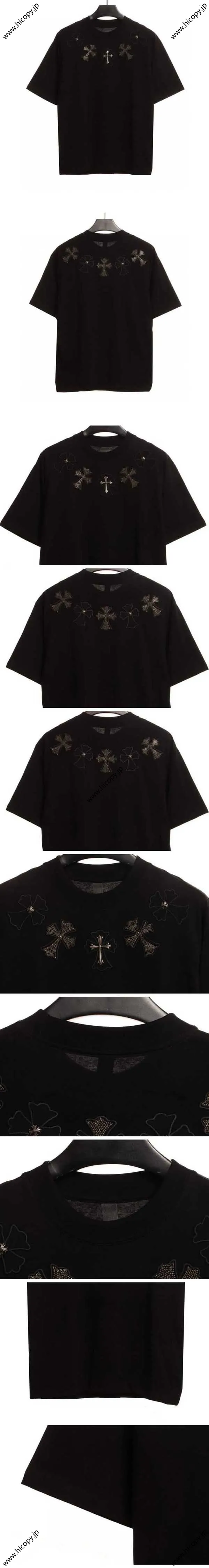 Chrome Hearts Line Stone Silver925 Cross Tee クロムハーツ ラインストーン シルバー925 クロス Tシャツ ブラック（Chrome Hearts 427）