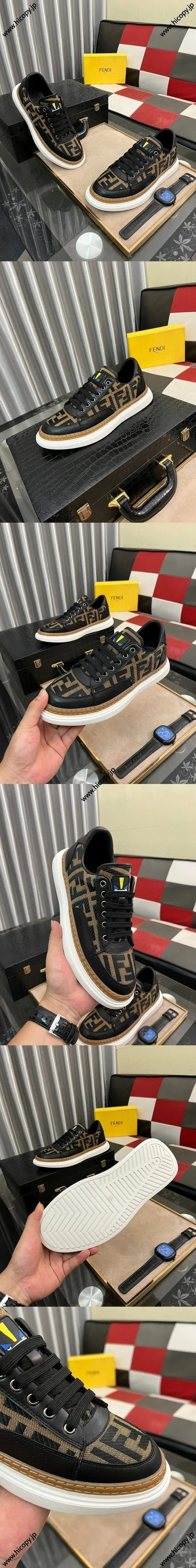 フェンディ ドミノ スニーカー ブラック×ブラウン メンズ ローカット カジュアルスニーカー（FENDI 106）