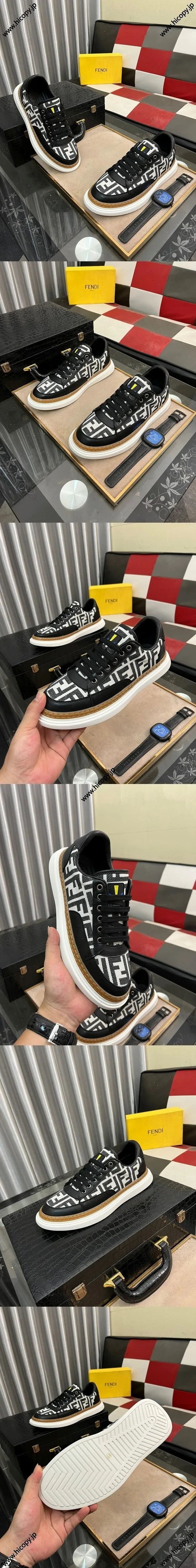 フェンディ ドミノ スニーカー ブラック＆ホワイト メンズ ローカット カジュアルスニーカー（FENDI 105）