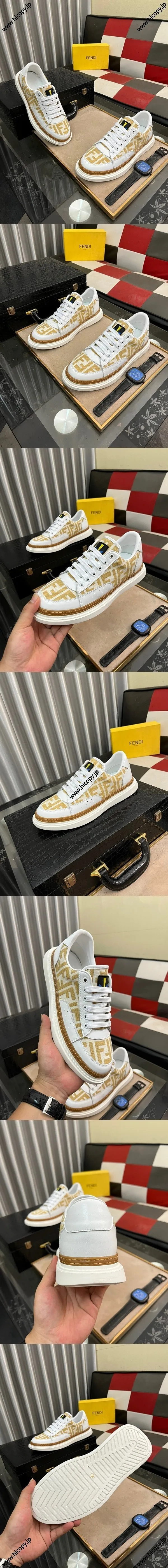 フェンディ ドミノ スニーカー ホワイトとブラウンのメンズ ローカット カジュアルスニーカー（FENDI 104）