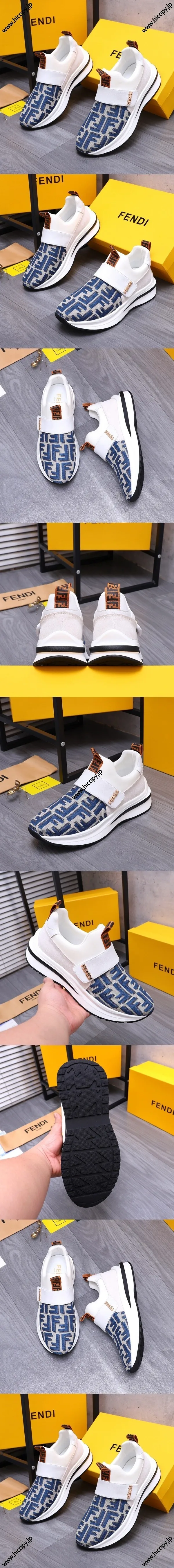 フェンディ メンズ キャンバス スリッポン スニーカー ブルー＆ホワイト（FENDI 162）