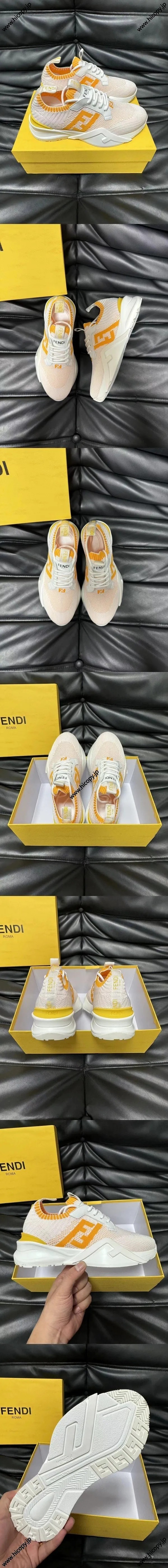 フェンディ フロー シリーズ スリッポン ニットスニーカー ホワイト＆オレンジ（FENDI 166）