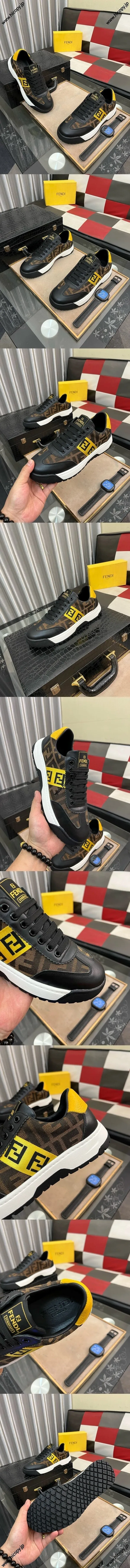 フェンディ マッチスニーカーシリーズ ブラックレザーとブラウンのFFジャカードステッチスニーカー（FENDI 37）