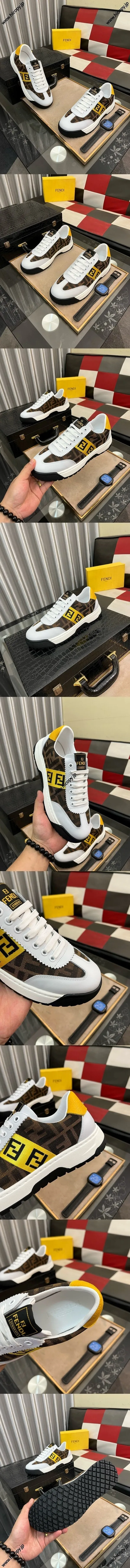 FENDI マッチスニーカーシリーズ ホワイトレザーとブラウンのFFジャカードステッチスニーカー（FENDI 36）