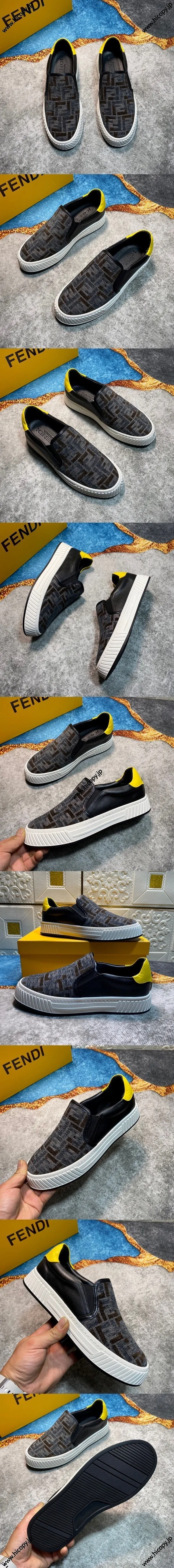 フェンディ メンズ カジュアルローファー キャンバスシューズ ブラック＆グレー（FENDI 62）