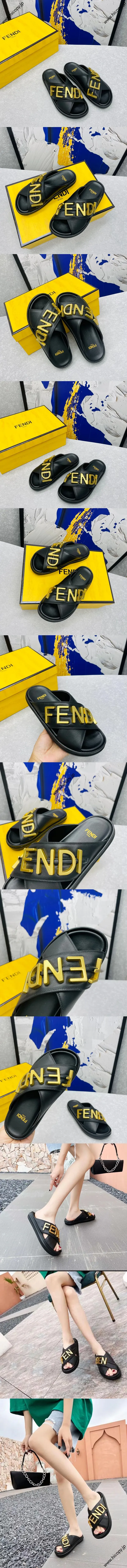 フェンディ ローマ シリーズ FENDI GRAPHY LOGO レターズ ブラックカーフスキンスリッパ（FENDI 241）