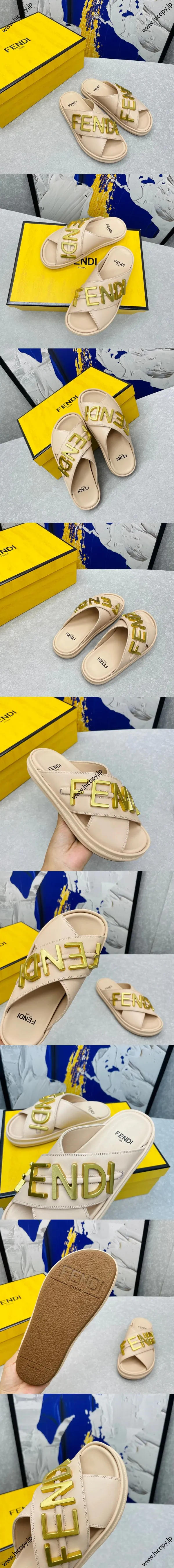 フェンディ ローマシリーズ FENDI GRAPHY LOGO レタード ピンクカーフスキンスリッパ（FENDI 240）