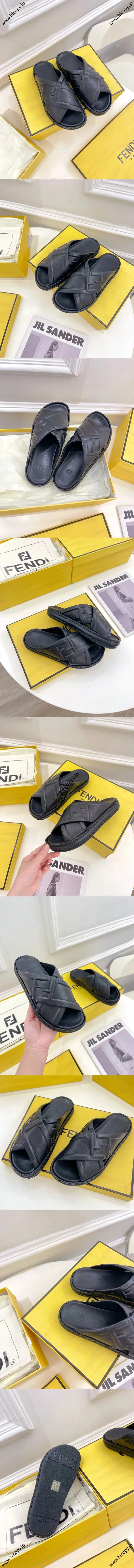 フェンディ ローマシリーズ ブラックカーフスキン クロススリッパ カップルスタイル（FENDI 238）
