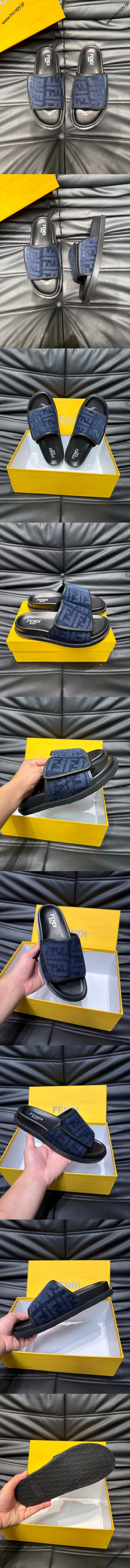 フェンディ ローマシリーズ メンズスリッパ ビーチサンダル ネイビーブルー（FENDI 184）