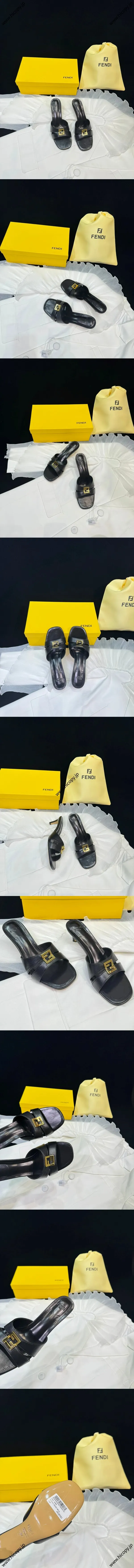 フェンディ ローマ シリーズ フォールド ブラックレザー ミディアムヒール サンダル（8R8538NA7F0QA1）