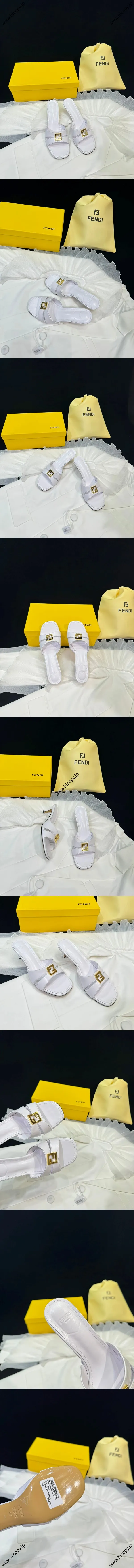 フェンディ ローマ シリーズ フォールド ホワイトレザー ミディアムヒール サンダル（8R8538NA7F1NY8）