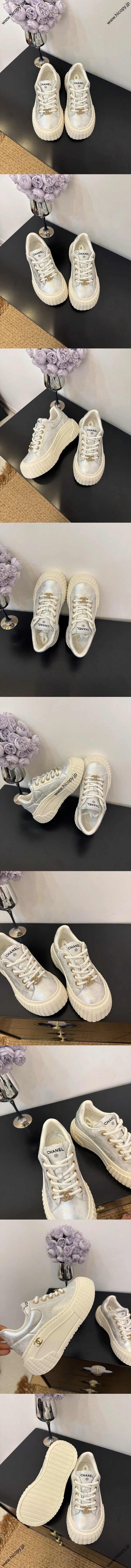 シャネル レディース カジュアルスニーカー シルバー 厚底 パンダシューズ（Chanel 50）