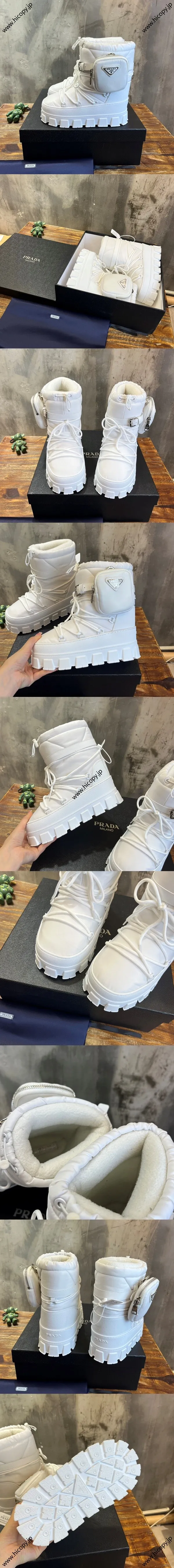 プラダ アプレ ナイロン トライアングルロゴ ショート スノーブーツ ホワイト（Prada 62）