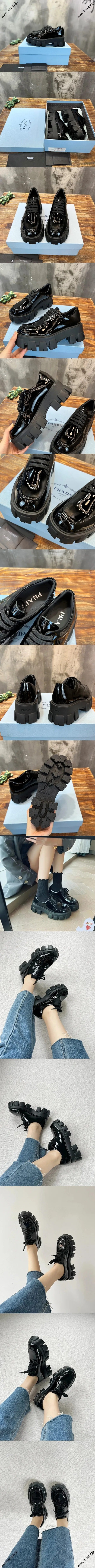 プラダ レトロ ブラック パテントレザー シャイニーローファー ブリティッシュスタイル レースアップシューズ（Prada 100）