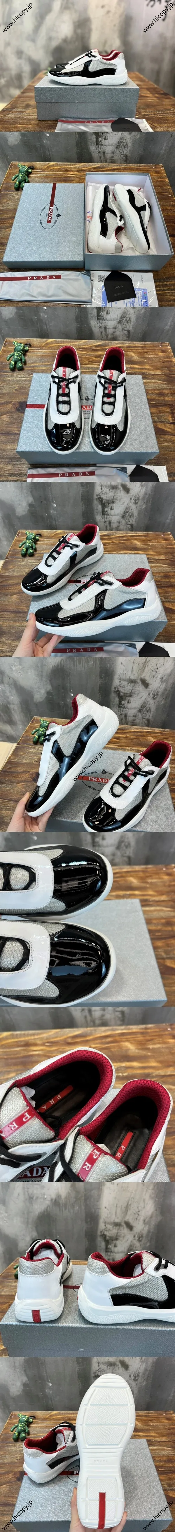 プラダ アメリカズカップ コレクション シャイニーカーフスキン＆メッシュ カジュアルスニーカー ブラック＆ホワイト（Prada 27）