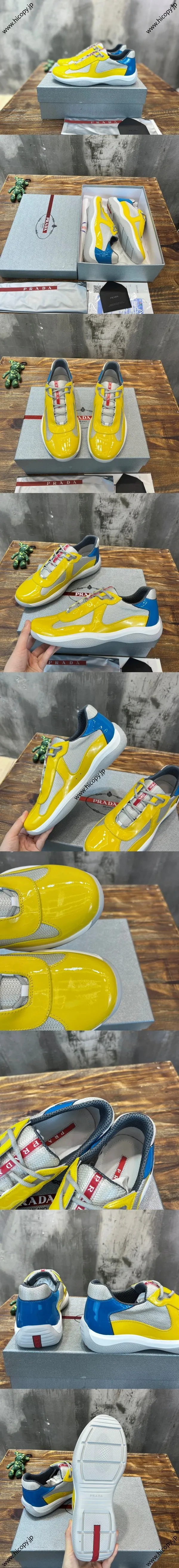 プラダ アメリカズカップ コレクション シャイニーカーフスキン＆メッシュ カジュアルスニーカー イエロー（Prada 26）