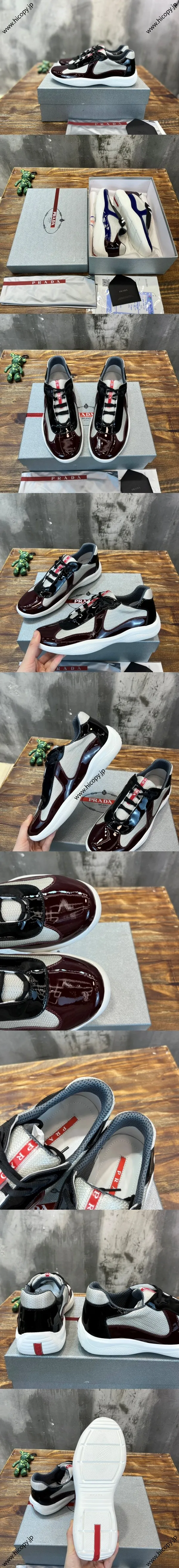 プラダ アメリカズカップ コレクション シャイニーカーフスキン＆メッシュ カジュアルスニーカー バーガンディ＆ブラック（Prada 25）
