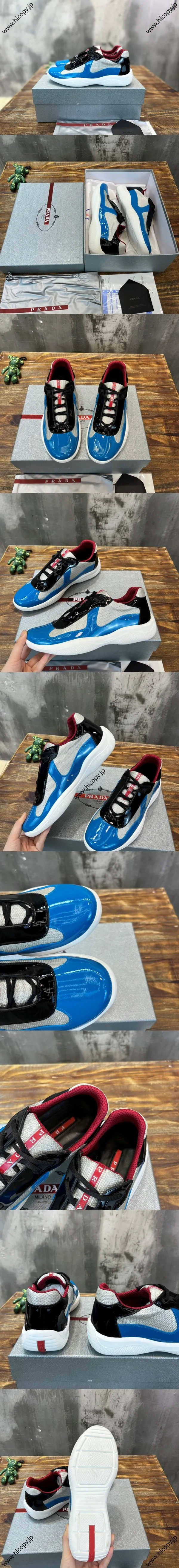 プラダ アメリカズカップ コレクション シャイニーカーフスキン＆メッシュ カジュアルスニーカー ブルーブラック（Prada 24）