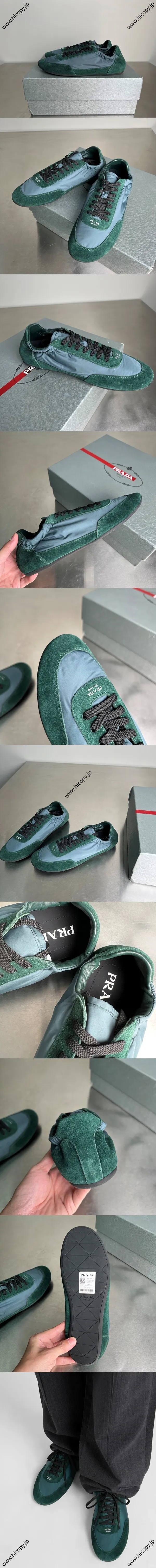 PRADA Collapse シリーズ ランウェイスタイル 軽量 薄型ソール ラウンドトゥ レースアップ ローカット カジュアルシューズ グリーン（2EG479_D7C_F035G_F_G001）