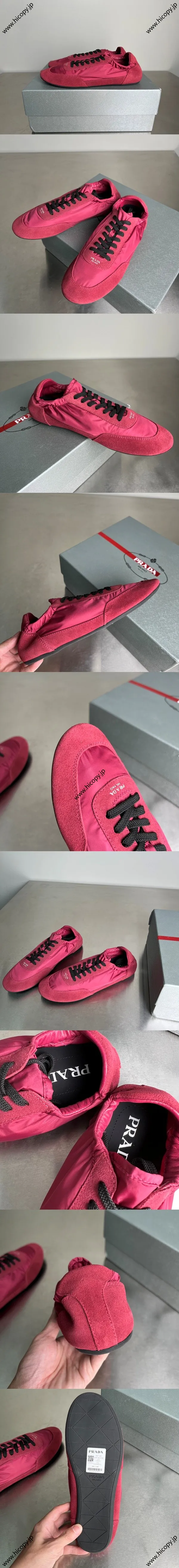 PRADA Collapse シリーズ ランウェイスタイル 軽量 薄型ソール ラウンドトゥ レースアップ ローカット カジュアルシューズ ローズレッド（2EG479_D7C_F0007_F_G001）