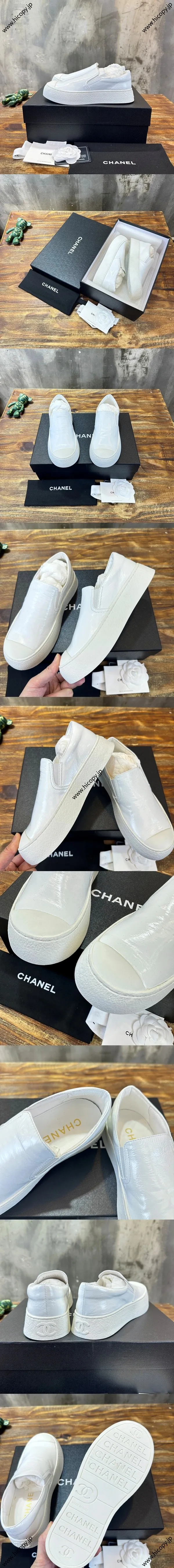 シャネル 24SS 新作 ホワイト シャイニー ソフトレザー スリッポン ローファー（Chanel 86）