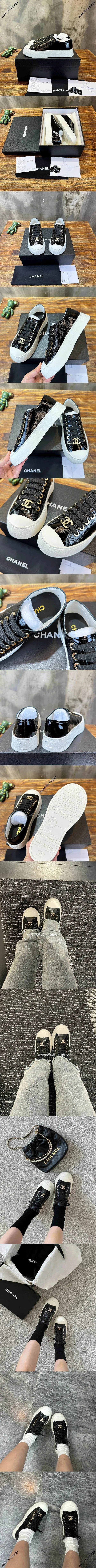 CHANEL シャネル 25SS 新作 ブラック グロッシー パテントレザー カジュアル ビッグトゥ シューズ (G45560 B15742 94305)