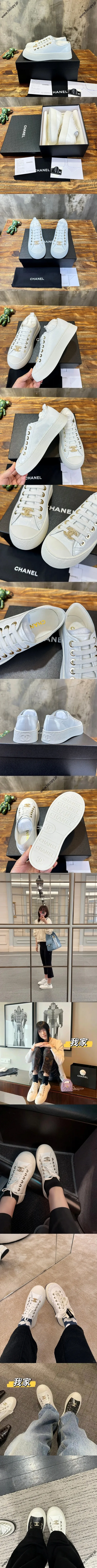 CHANEL シャネル 25SS 新作 ホワイト グロッシー パテントレザー カジュアル ビッグトゥ シューズ (G45560)