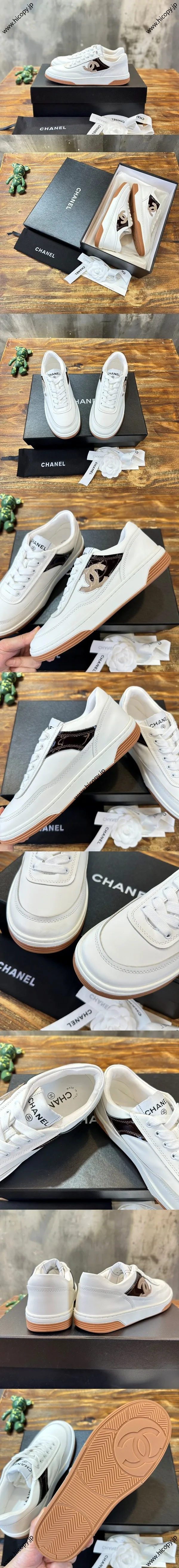CHANEL シャネル 24P カーキ グロッシー CCロゴ ホワイトカーフスキン カジュアル スニーカー (G39978 B16488 NX673)