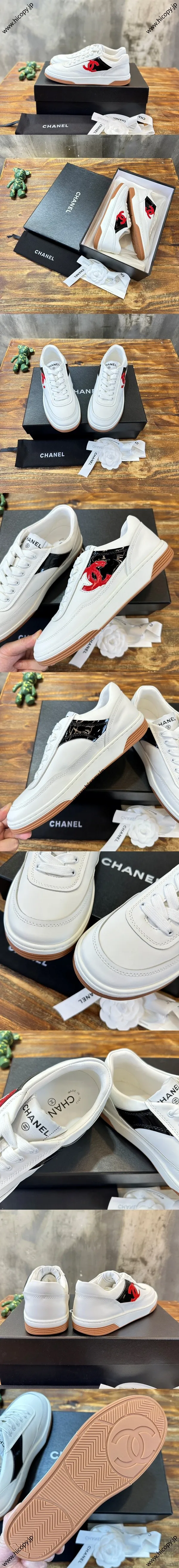 CHANEL シャネル 24P レッド グロッシー CCロゴ ホワイトカーフスキン カジュアル スニーカー (G39978 B16488 NX675)