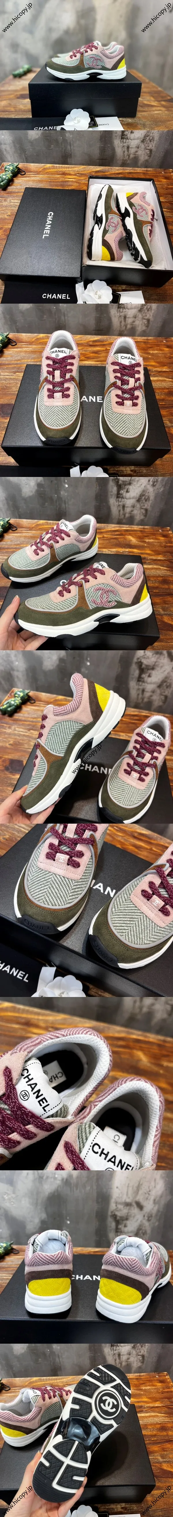 CHANEL シャネル 22K カーキ ツイード パネル カジュアル スニーカー (G39597)