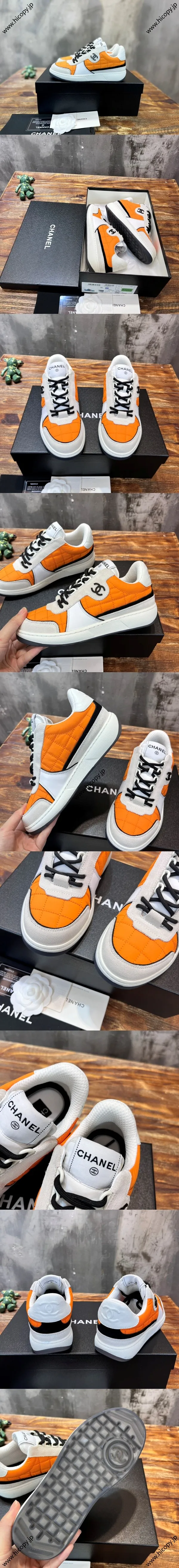 CHANEL シャネル 2023年春夏 オレンジ キルティング メッシュ ローカット スニーカー (G39802)