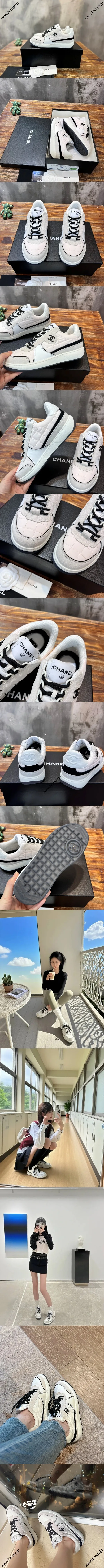 CHANEL シャネル 2023年春夏 ホワイト メッシュ キルティング ローカット カジュアル スニーカー（ブラック レース）(G39802-Y56332-K5576)